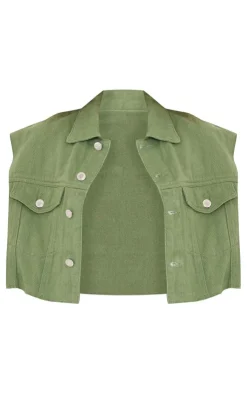 Online PrettyLittleThing Shape Washed Denim Raw Hem Edge Cropped Jacket Sage Khaki