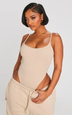 Sale PrettyLittleThing Shape Rib High Rise Bodysuit Sand