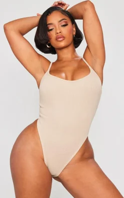 Sale PrettyLittleThing Shape Rib High Rise Bodysuit Sand