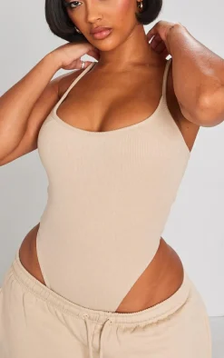 Sale PrettyLittleThing Shape Rib High Rise Bodysuit Sand