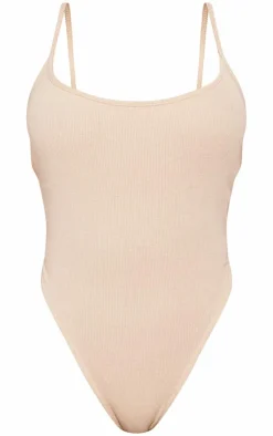 Sale PrettyLittleThing Shape Rib High Rise Bodysuit Sand