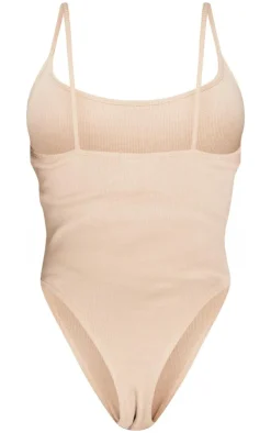 Sale PrettyLittleThing Shape Rib High Rise Bodysuit Sand