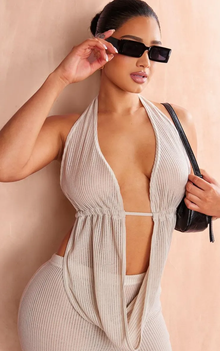 PrettyLittleThing Shape Sheer Rib Ruched Halter Neck Top Sand