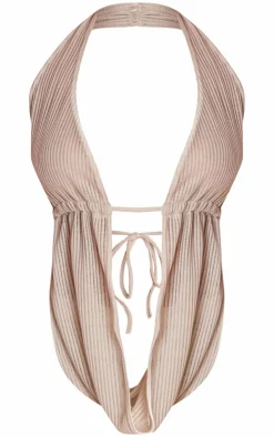 PrettyLittleThing Shape Sheer Rib Ruched Halter Neck Top Sand