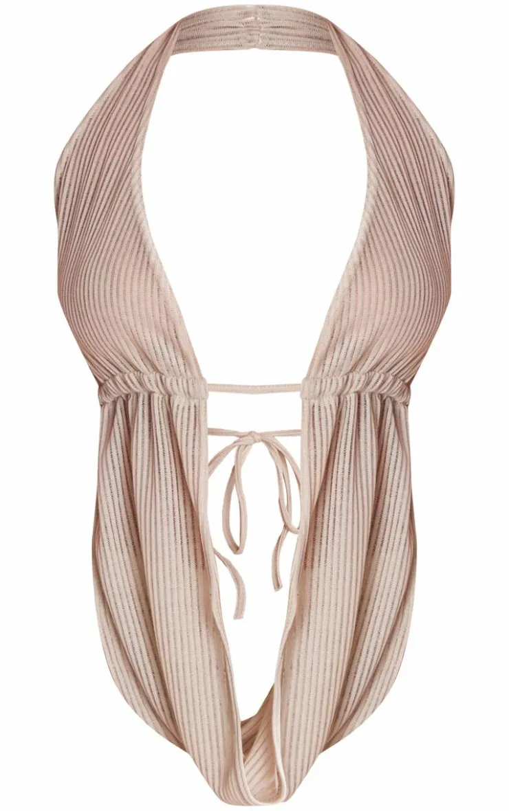 PrettyLittleThing Shape Sheer Rib Ruched Halter Neck Top Sand