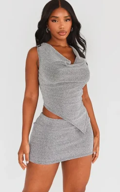 PrettyLittleThing Shape Glitter Cowl Neck Asymmetric Top Silver