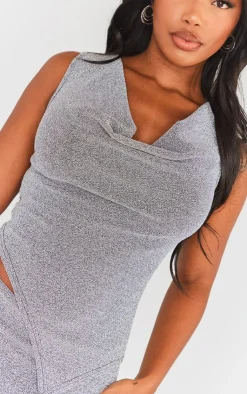 PrettyLittleThing Shape Glitter Cowl Neck Asymmetric Top Silver