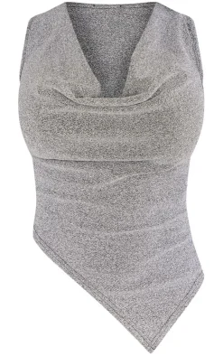 PrettyLittleThing Shape Glitter Cowl Neck Asymmetric Top Silver
