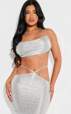 Online PrettyLittleThing Shape Glitter Textured Halterneck Top Silver