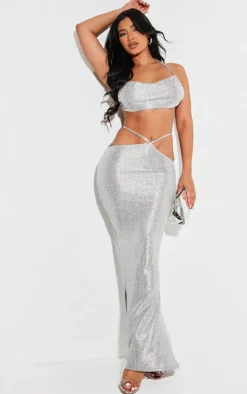 Online PrettyLittleThing Shape Glitter Textured Halterneck Top Silver