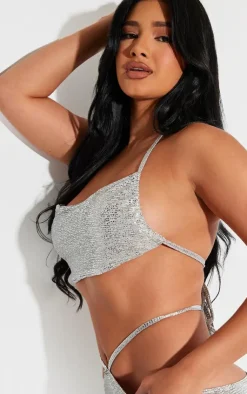 Online PrettyLittleThing Shape Glitter Textured Halterneck Top Silver