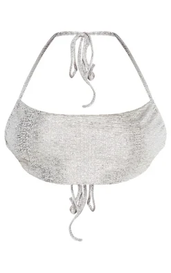 Online PrettyLittleThing Shape Glitter Textured Halterneck Top Silver