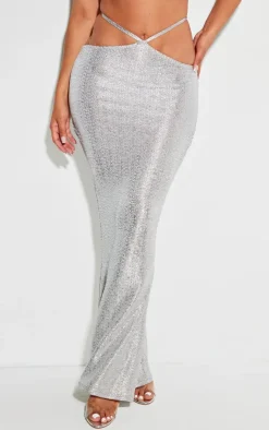 New PrettyLittleThing Shape Glitter Textured Tie Waist Maxi Skirt Silver