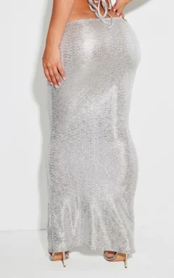 New PrettyLittleThing Shape Glitter Textured Tie Waist Maxi Skirt Silver