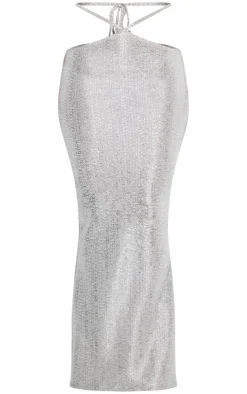 New PrettyLittleThing Shape Glitter Textured Tie Waist Maxi Skirt Silver