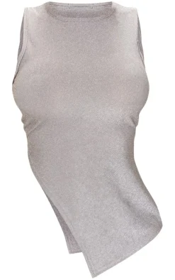 Online PrettyLittleThing Shape Lurex Glitter Asymmetric Longline Top Silver