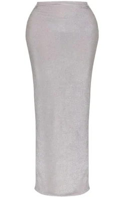 PrettyLittleThing Shape Lurex Glitter Low Rise Maxi Skirt Silver