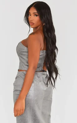 Sale PrettyLittleThing Shape Metallic Croc Rose Detail Bandeau Corset Silver