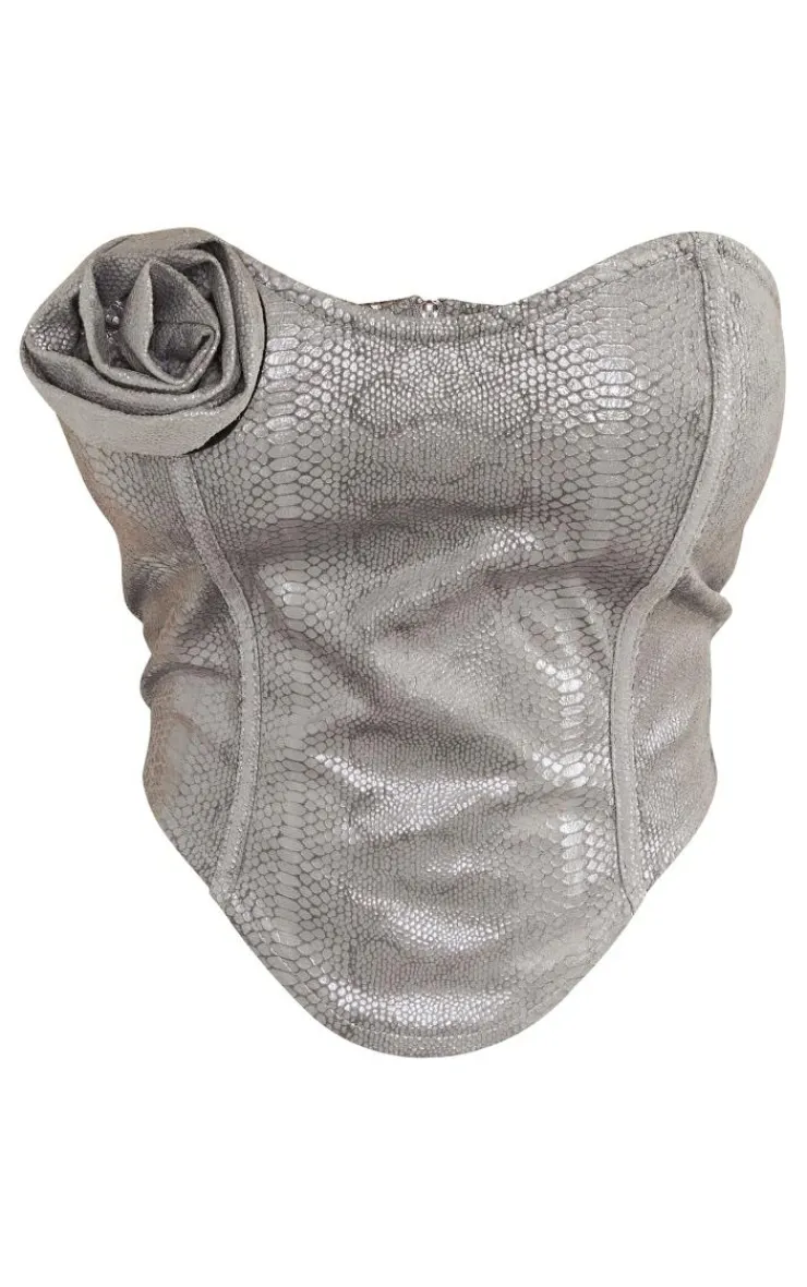 Sale PrettyLittleThing Shape Metallic Croc Rose Detail Bandeau Corset Silver