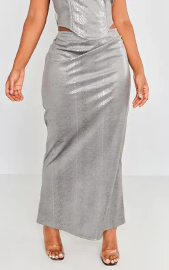 Online PrettyLittleThing Shape Metallic Croc Maxi Skirt Silver