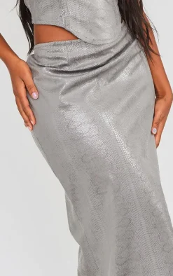 Online PrettyLittleThing Shape Metallic Croc Maxi Skirt Silver