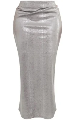 Online PrettyLittleThing Shape Metallic Croc Maxi Skirt Silver