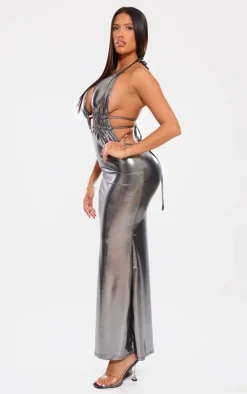 Shape Metallic Wet Look Plunge Front Halter Neck Maxi Dress-PrettyLittleThing Outlet