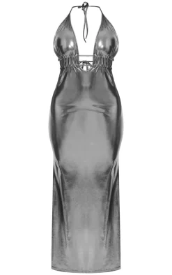 Shape Metallic Wet Look Plunge Front Halter Neck Maxi Dress-PrettyLittleThing Outlet