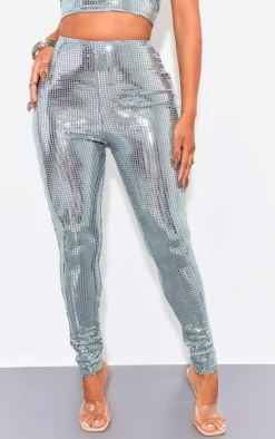 Hot PrettyLittleThing Shape Mirrored Sequin Leggings Silver
