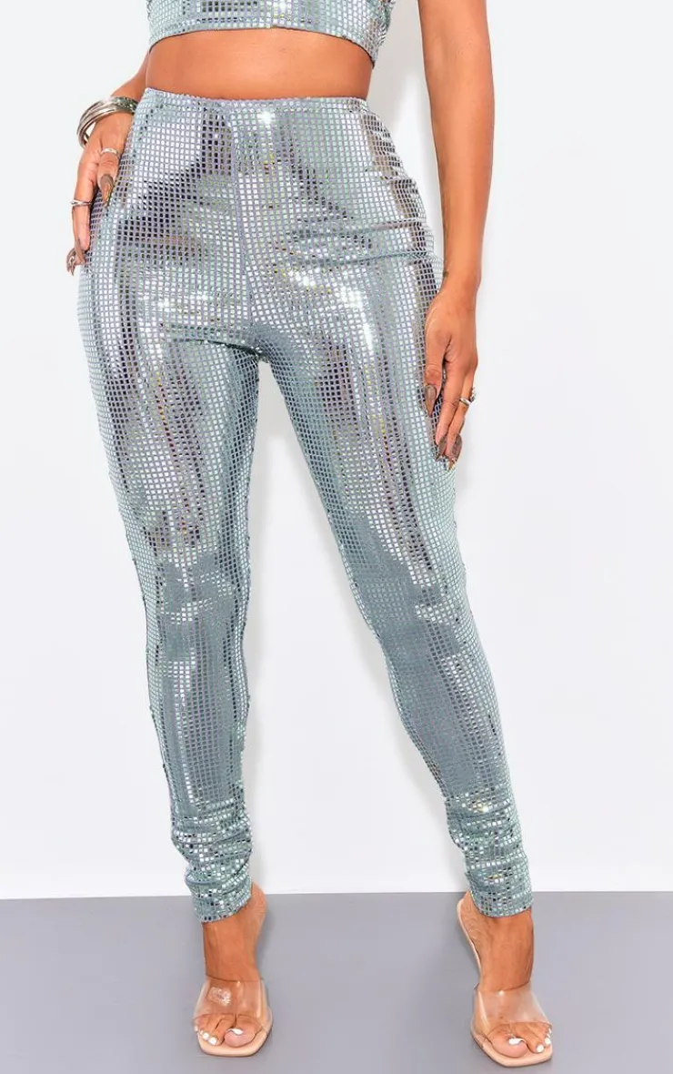 Hot PrettyLittleThing Shape Mirrored Sequin Leggings Silver