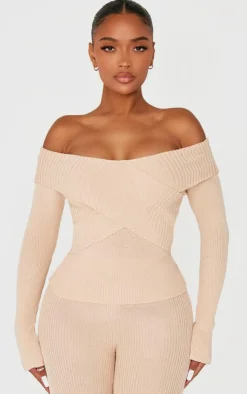 Hot PrettyLittleThing Shape Bardot Knitted Top Stone