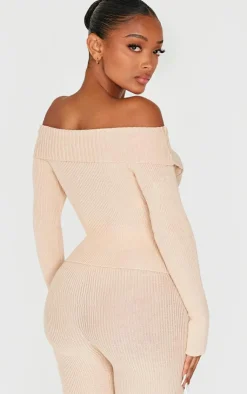 Hot PrettyLittleThing Shape Bardot Knitted Top Stone