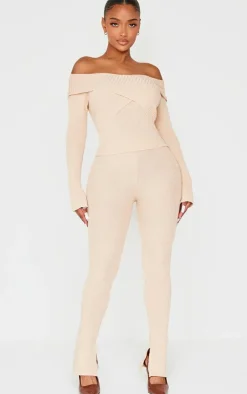 Hot PrettyLittleThing Shape Bardot Knitted Top Stone