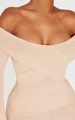 Hot PrettyLittleThing Shape Bardot Knitted Top Stone