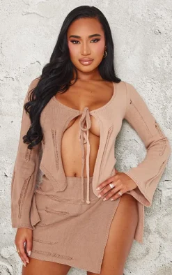 Best PrettyLittleThing Shape Contrast Knit Tie Top Stone
