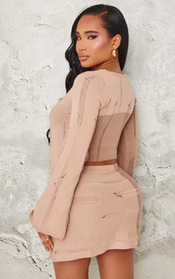 Best PrettyLittleThing Shape Contrast Knit Tie Top Stone