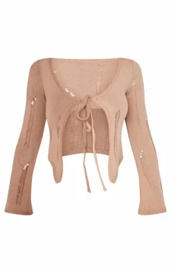 Best PrettyLittleThing Shape Contrast Knit Tie Top Stone