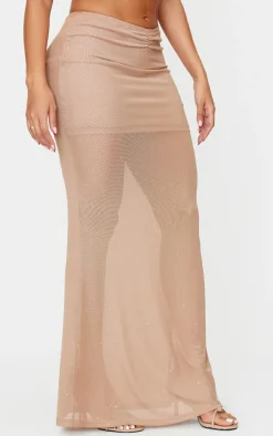 Hot PrettyLittleThing Shape Glitter Low Rise Ruched Front Fishtail Maxi Skirt Stone