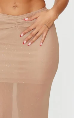 Hot PrettyLittleThing Shape Glitter Low Rise Ruched Front Fishtail Maxi Skirt Stone