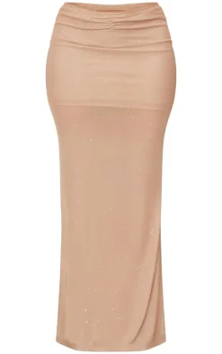 Hot PrettyLittleThing Shape Glitter Low Rise Ruched Front Fishtail Maxi Skirt Stone