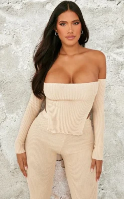 New PrettyLittleThing Shape Knit Bardot Split Side Detail Top Stone