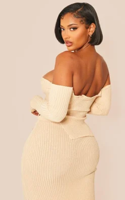 New PrettyLittleThing Shape Knit Bardot Split Side Detail Top Stone