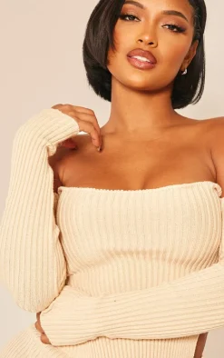 New PrettyLittleThing Shape Knit Bardot Split Side Detail Top Stone