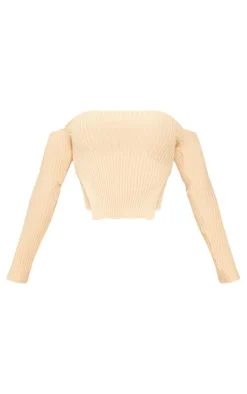 New PrettyLittleThing Shape Knit Bardot Split Side Detail Top Stone