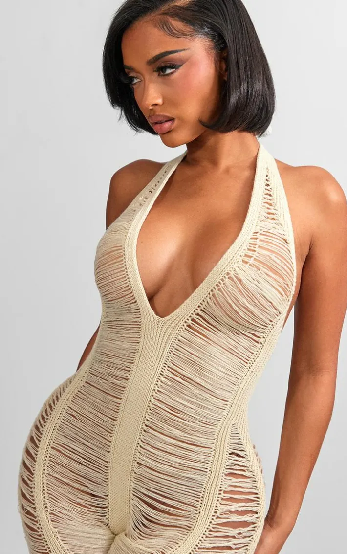 Shape Stone Knit Ladder Halterneck Jumpsuit