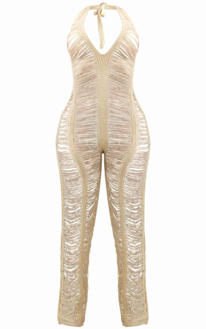 Shape Stone Knit Ladder Halterneck Jumpsuit