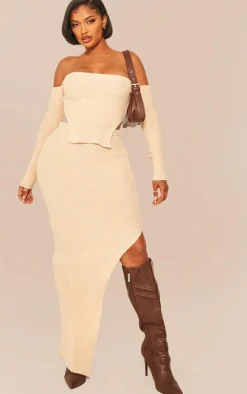 Discount PrettyLittleThing Shape Knit Split Side Detail Midaxi Skirt Stone