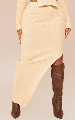 Discount PrettyLittleThing Shape Knit Split Side Detail Midaxi Skirt Stone
