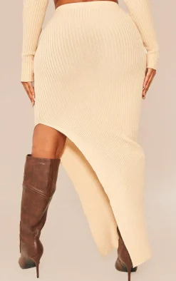 Discount PrettyLittleThing Shape Knit Split Side Detail Midaxi Skirt Stone