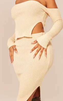 Discount PrettyLittleThing Shape Knit Split Side Detail Midaxi Skirt Stone